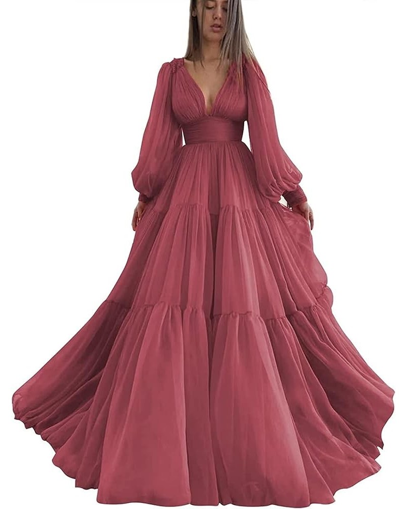 Long Puffy Sleeve Prom Dress V Neck Empire Waist Ball Gown Tulle Formal Evening Gowns for Women Formal Desert Rose $36.00 Dre...