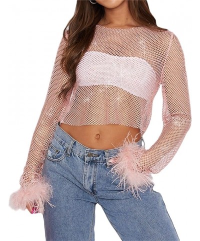 Women Long Sleeve Sheer Mesh Crop Tops Round Neck Glitter T Shirts See Through Sexy Top With Feather Clubwear A-pink $11.28 B...