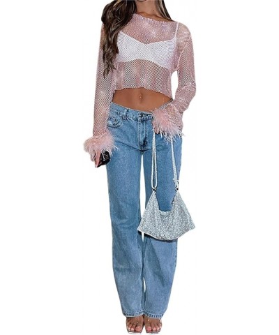 Women Long Sleeve Sheer Mesh Crop Tops Round Neck Glitter T Shirts See Through Sexy Top With Feather Clubwear A-pink $11.28 B...