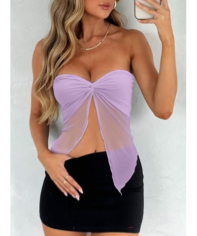 Women's Sheer Mesh Twist Split Front Asymmetrical Tube Top Strapless Bandeau Crop Top Backless Shirt Purple $10.50 T-Shirts