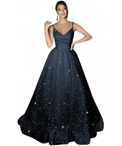 Glitter Tulle Wedding Dresses Spaghetti Straps Prom Dresses 2023 Long V Neck Ball Gowns for Women Formal Navy Blue $33.60 Dre...