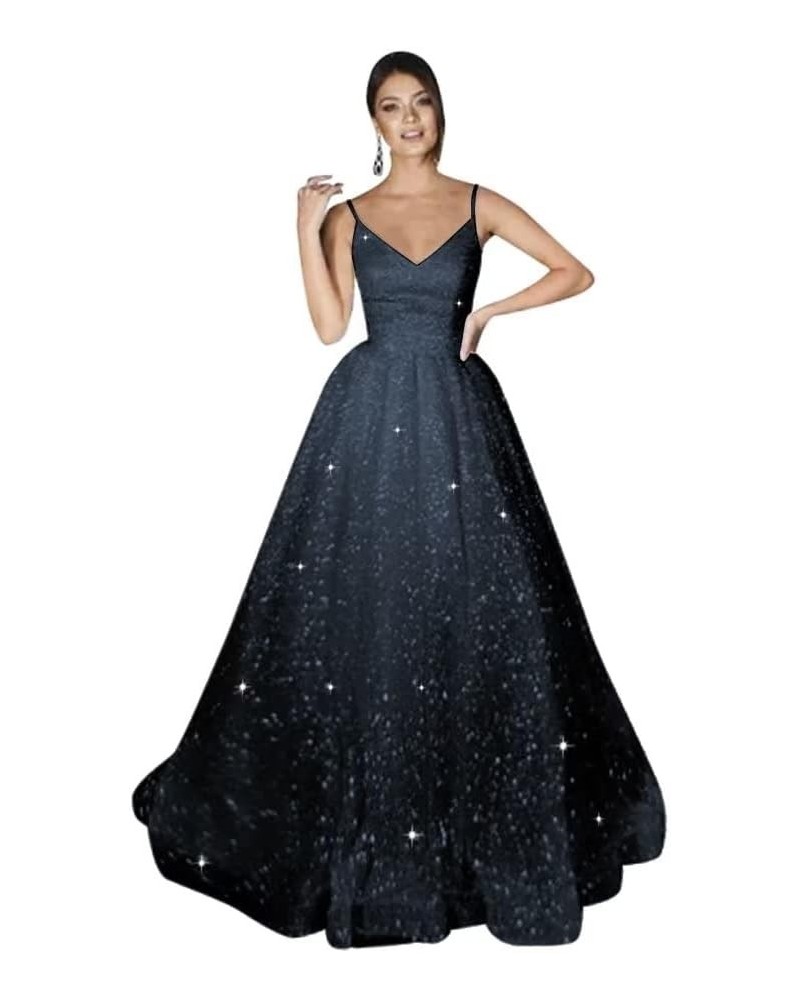 Glitter Tulle Wedding Dresses Spaghetti Straps Prom Dresses 2023 Long V Neck Ball Gowns for Women Formal Navy Blue $33.60 Dre...