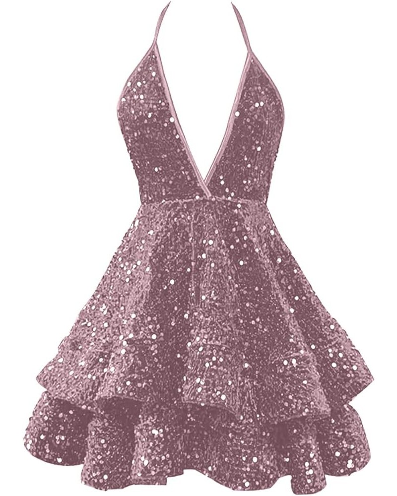 Sequin Short Prom Dresses for Teens 2023 Sparkly Cocktail Dresses Sexy Halter Homecoming Dress Mauve $28.98 Dresses