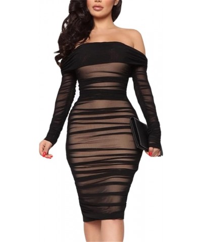 Women's Off Shoulder Ruched Long Sleeve Mesh Bodycon Pencil Dress Black $18.40 Dresses