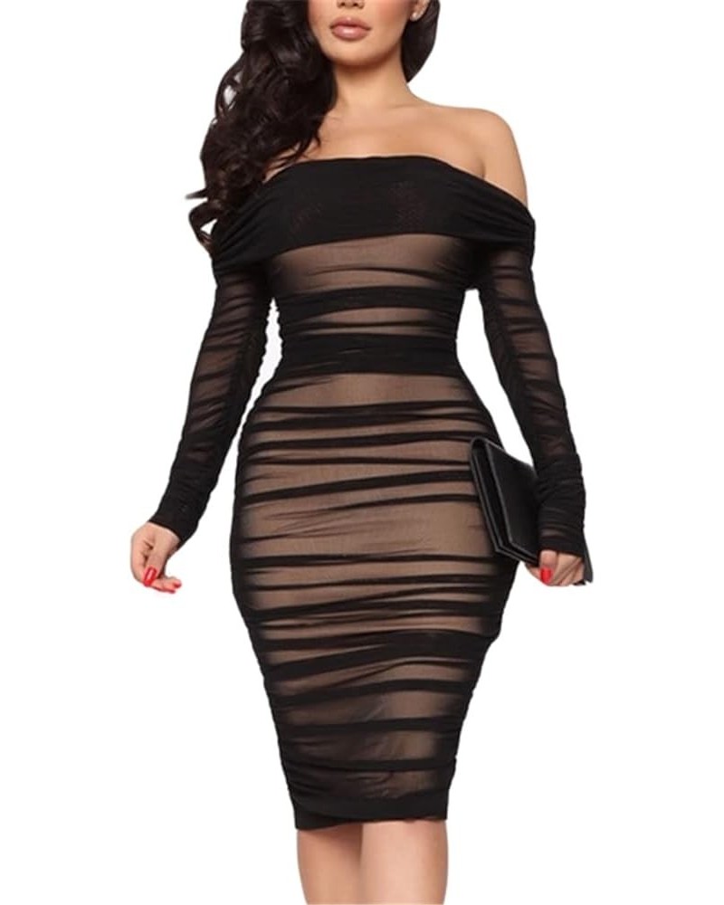 Women's Off Shoulder Ruched Long Sleeve Mesh Bodycon Pencil Dress Black $18.40 Dresses