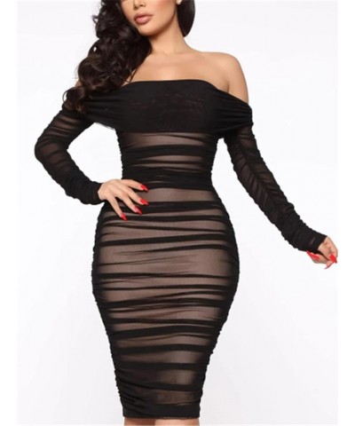 Women's Off Shoulder Ruched Long Sleeve Mesh Bodycon Pencil Dress Black $18.40 Dresses