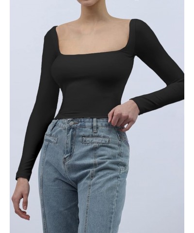 Women's Long Sleeve Square Neck Tops Cropped Double Lined Shirts Slim Fitted Staple Top Tees Black $9.68 T-Shirts