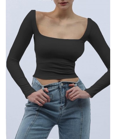 Women's Long Sleeve Square Neck Tops Cropped Double Lined Shirts Slim Fitted Staple Top Tees Black $9.68 T-Shirts