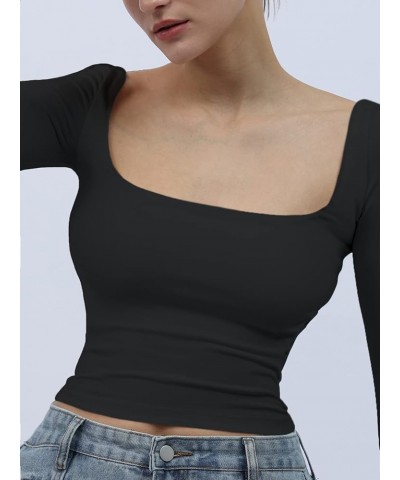 Women's Long Sleeve Square Neck Tops Cropped Double Lined Shirts Slim Fitted Staple Top Tees Black $9.68 T-Shirts