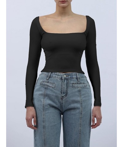 Women's Long Sleeve Square Neck Tops Cropped Double Lined Shirts Slim Fitted Staple Top Tees Black $9.68 T-Shirts