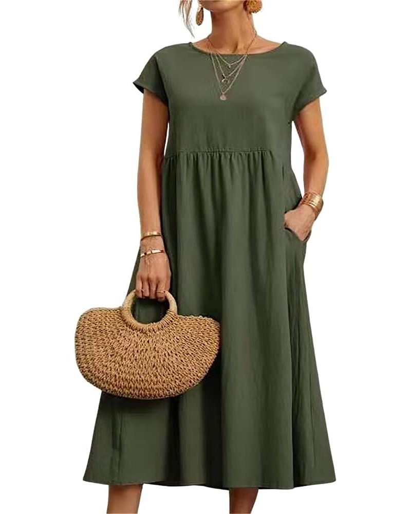 Women's Summer Cotton Linen Short Sleeve Dress Crew Neck Loose Casual Tunic Beach Dresses with Pockets Long-army Green $16.82...