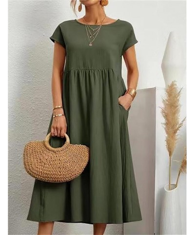 Women's Summer Cotton Linen Short Sleeve Dress Crew Neck Loose Casual Tunic Beach Dresses with Pockets Long-army Green $16.82...