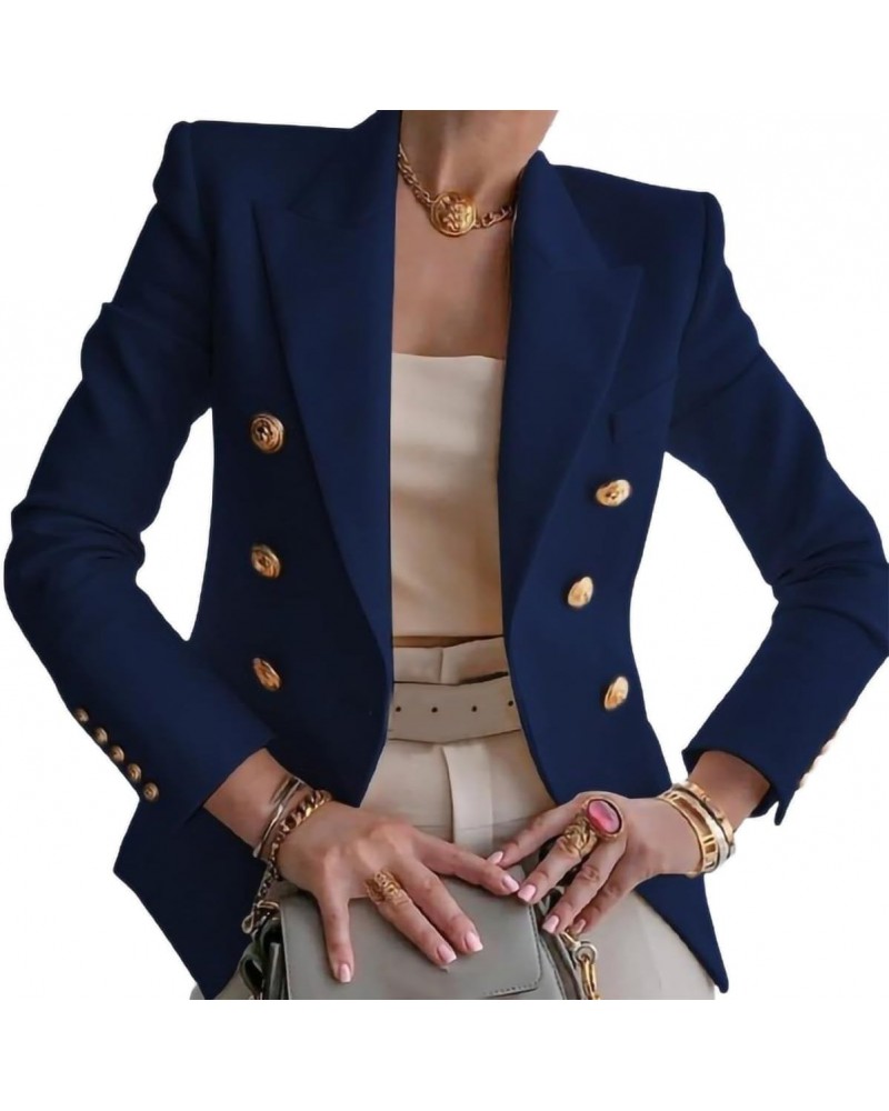 Navy Blue Business Casual Double Notch Lapel Blazer Jackets Holiday Cropped Slim Fit Lady Formal Dressy Business Attire Petit...