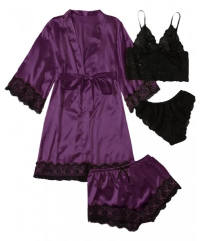 Women' Silk Satin Pajamas Set 4pcs Lingerie Floral Lace Cami Sleepwear with Robe Black and Purple $16.50 Sleep & Lounge