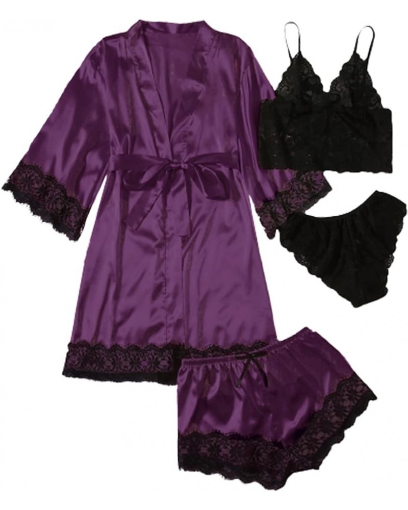 Women' Silk Satin Pajamas Set 4pcs Lingerie Floral Lace Cami Sleepwear with Robe Black and Purple $16.50 Sleep & Lounge