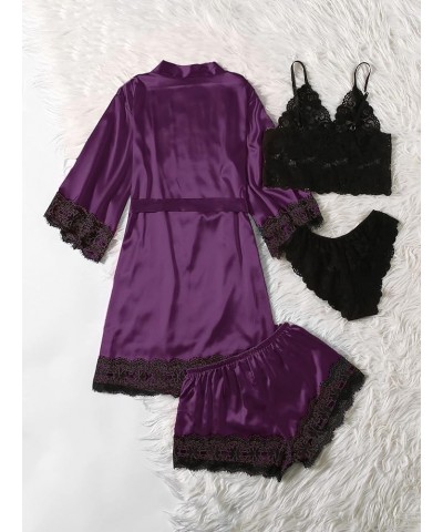 Women' Silk Satin Pajamas Set 4pcs Lingerie Floral Lace Cami Sleepwear with Robe Black and Purple $16.50 Sleep & Lounge