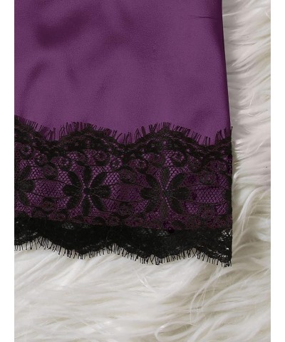 Women' Silk Satin Pajamas Set 4pcs Lingerie Floral Lace Cami Sleepwear with Robe Black and Purple $16.50 Sleep & Lounge