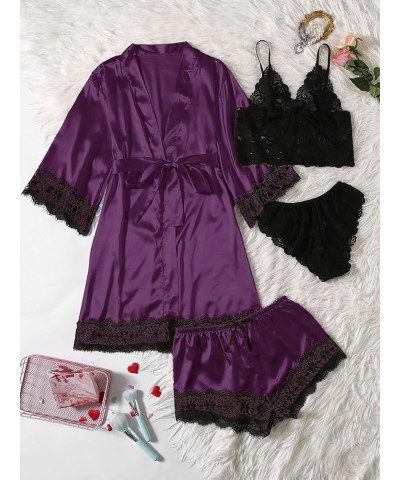 Women' Silk Satin Pajamas Set 4pcs Lingerie Floral Lace Cami Sleepwear with Robe Black and Purple $16.50 Sleep & Lounge