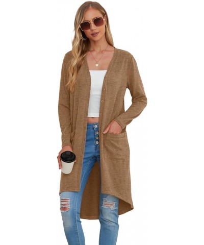 Womens Long Cardigans Lightweight Long Sleeve Button Down Duster Cardigan with Pockets Khaki $13.24 Sweaters