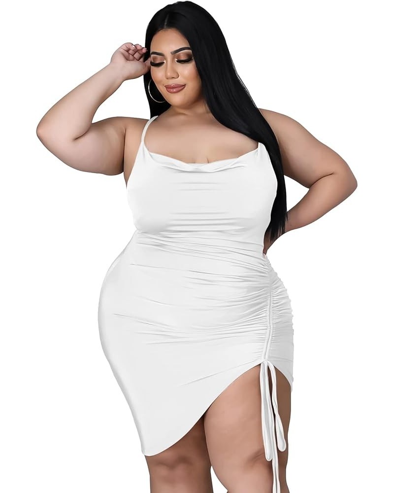 Women's Plus Size Sexy Strap Cowl Neck Backless Drawstring&Sling Adjustable Solid Party Cami Mini Dress White $12.59 Dresses