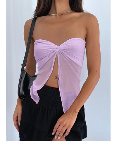 Women's Sheer Mesh Twist Split Front Asymmetrical Tube Top Strapless Bandeau Crop Top Backless Shirt Purple $10.50 T-Shirts