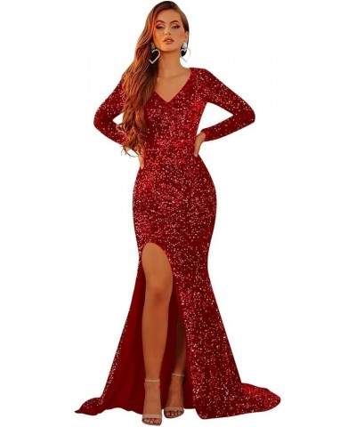 Long Sleeve Prom Dresses for Women 2024 Sequin Mermaid V Neck Long Formal Evening Gown with Sleeves B-red $38.33 Dresses