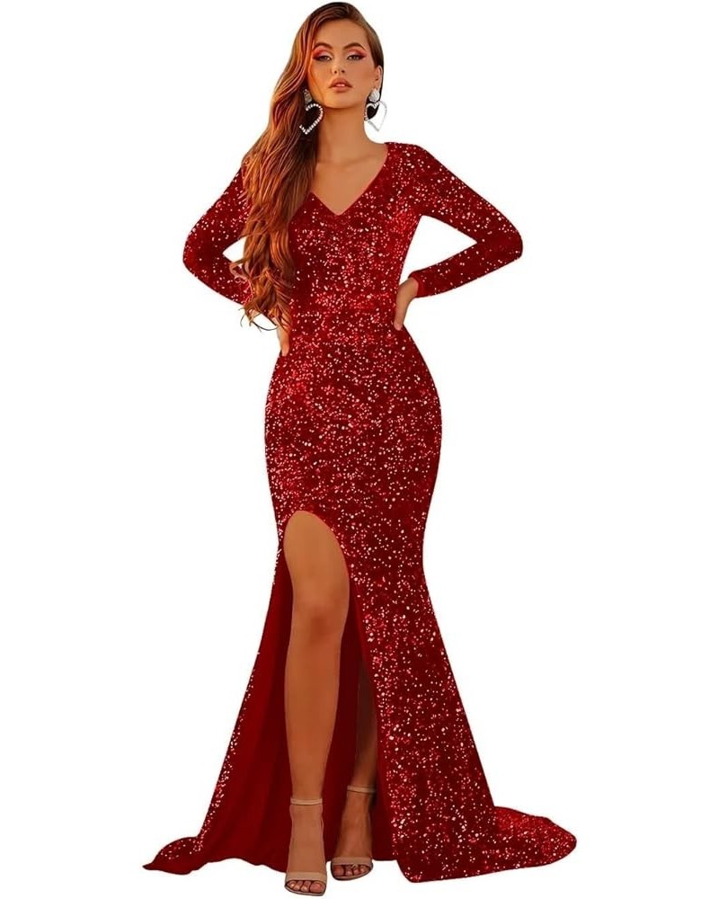 Long Sleeve Prom Dresses for Women 2024 Sequin Mermaid V Neck Long Formal Evening Gown with Sleeves B-red $38.33 Dresses