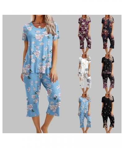 Womens Pajama Sets V-Neck Capri Pants Sleepwear Floral Print Short Sleeve Two-Piece Pj Lounge Sets with Pockets Crewneck 02-m...