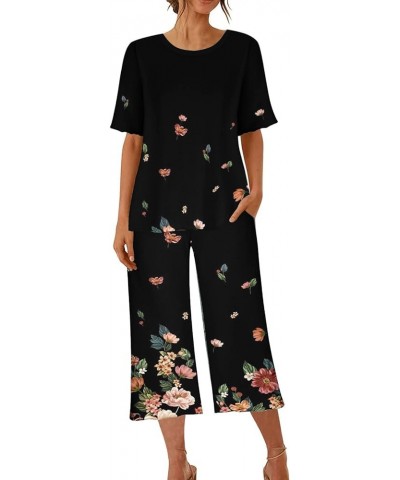 Womens Pajama Sets V-Neck Capri Pants Sleepwear Floral Print Short Sleeve Two-Piece Pj Lounge Sets with Pockets Crewneck 02-m...