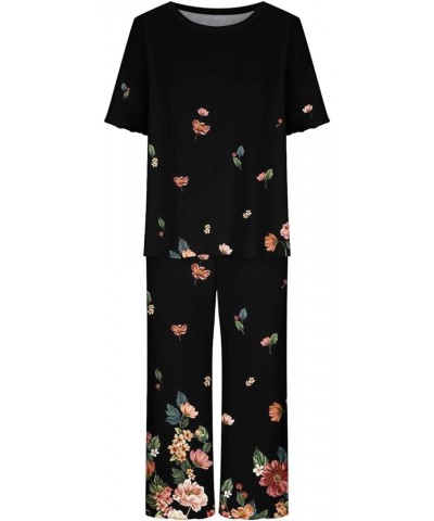 Womens Pajama Sets V-Neck Capri Pants Sleepwear Floral Print Short Sleeve Two-Piece Pj Lounge Sets with Pockets Crewneck 02-m...