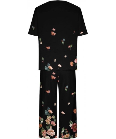 Womens Pajama Sets V-Neck Capri Pants Sleepwear Floral Print Short Sleeve Two-Piece Pj Lounge Sets with Pockets Crewneck 02-m...