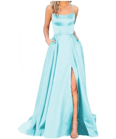 Spaghetti Strap Prom Dress Long with Pockets Satin Slit A Line Evening Gowns for Women Formal Aqua $33.20 Dresses