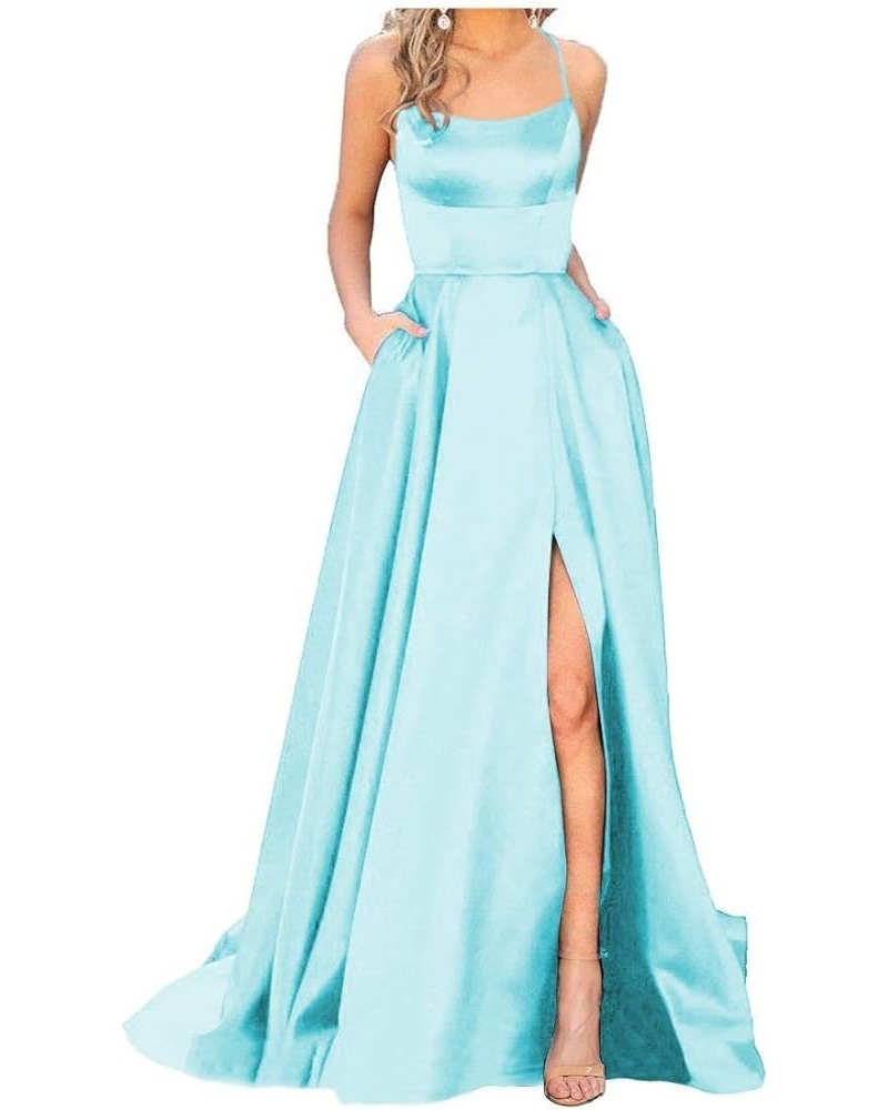 Spaghetti Strap Prom Dress Long with Pockets Satin Slit A Line Evening Gowns for Women Formal Aqua $33.20 Dresses