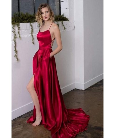 Spaghetti Strap Prom Dress Long with Pockets Satin Slit A Line Evening Gowns for Women Formal Aqua $33.20 Dresses