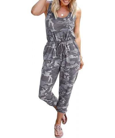 Women's 2024 Summer Jumpsuits Casual Sleeveless Jumpsuit Drawstring Elastic Waist Romper Pajama with Pockets Camouflage Grey ...