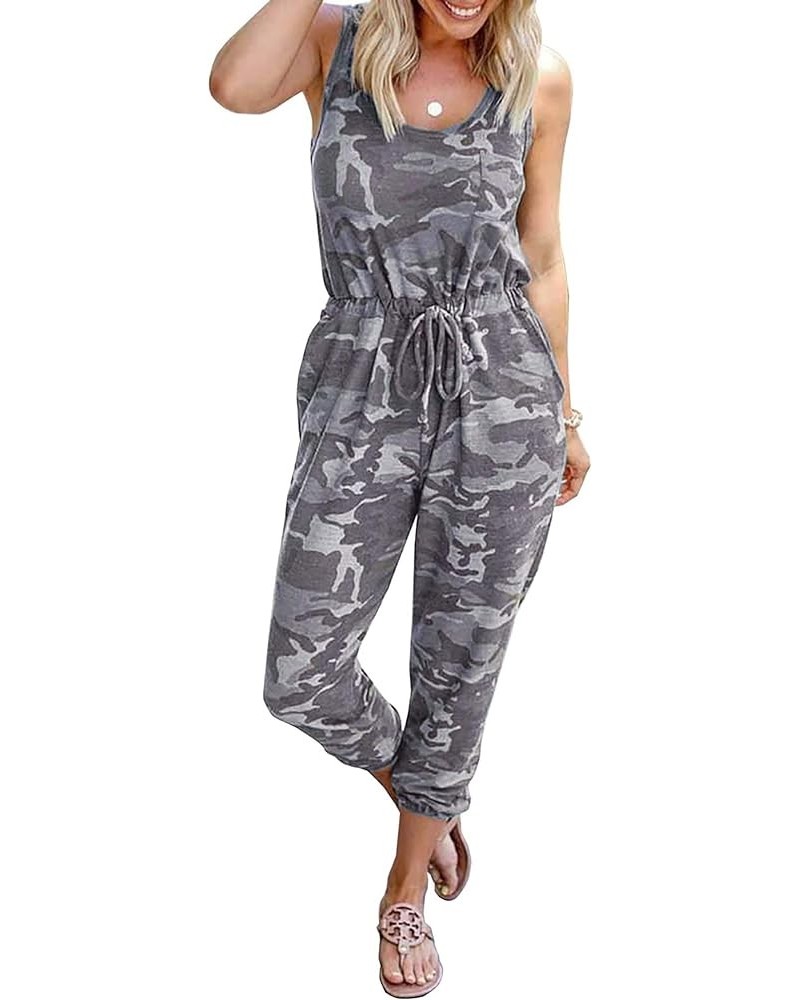 Women's 2024 Summer Jumpsuits Casual Sleeveless Jumpsuit Drawstring Elastic Waist Romper Pajama with Pockets Camouflage Grey ...