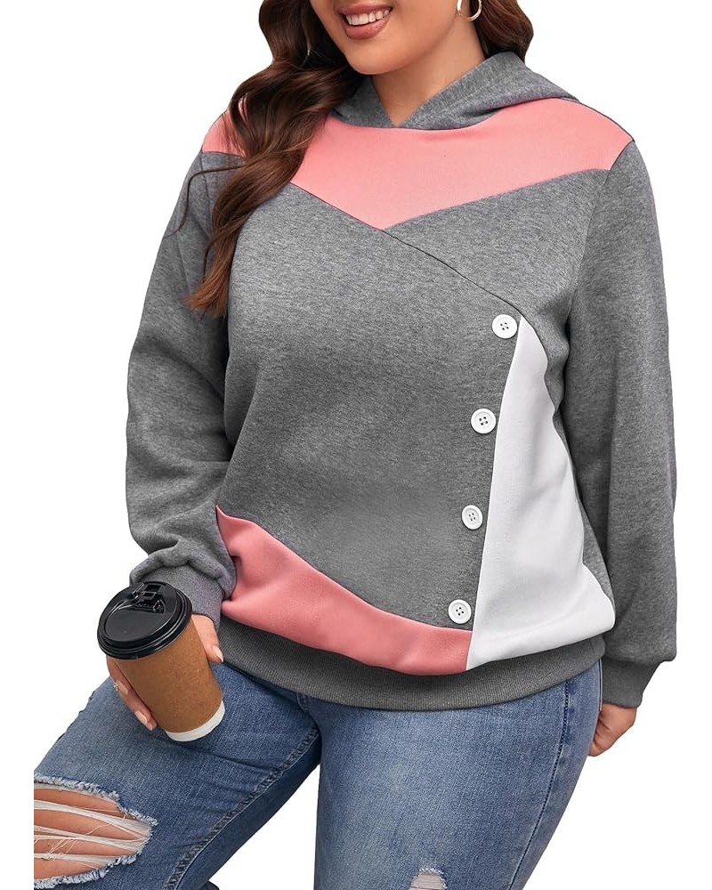 Women's Plus Color Block Hoodies Long Sleeve Button Pullovers Hooded Sweatshirts Pink $13.15 Hoodies & Sweatshirts