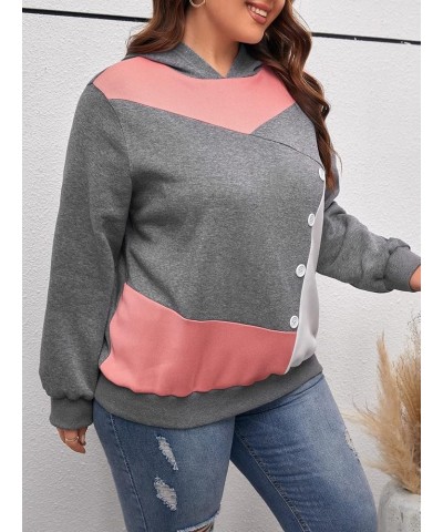 Women's Plus Color Block Hoodies Long Sleeve Button Pullovers Hooded Sweatshirts Pink $13.15 Hoodies & Sweatshirts