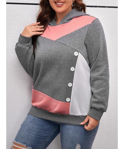 Women's Plus Color Block Hoodies Long Sleeve Button Pullovers Hooded Sweatshirts Pink $13.15 Hoodies & Sweatshirts