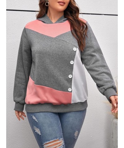 Women's Plus Color Block Hoodies Long Sleeve Button Pullovers Hooded Sweatshirts Pink $13.15 Hoodies & Sweatshirts