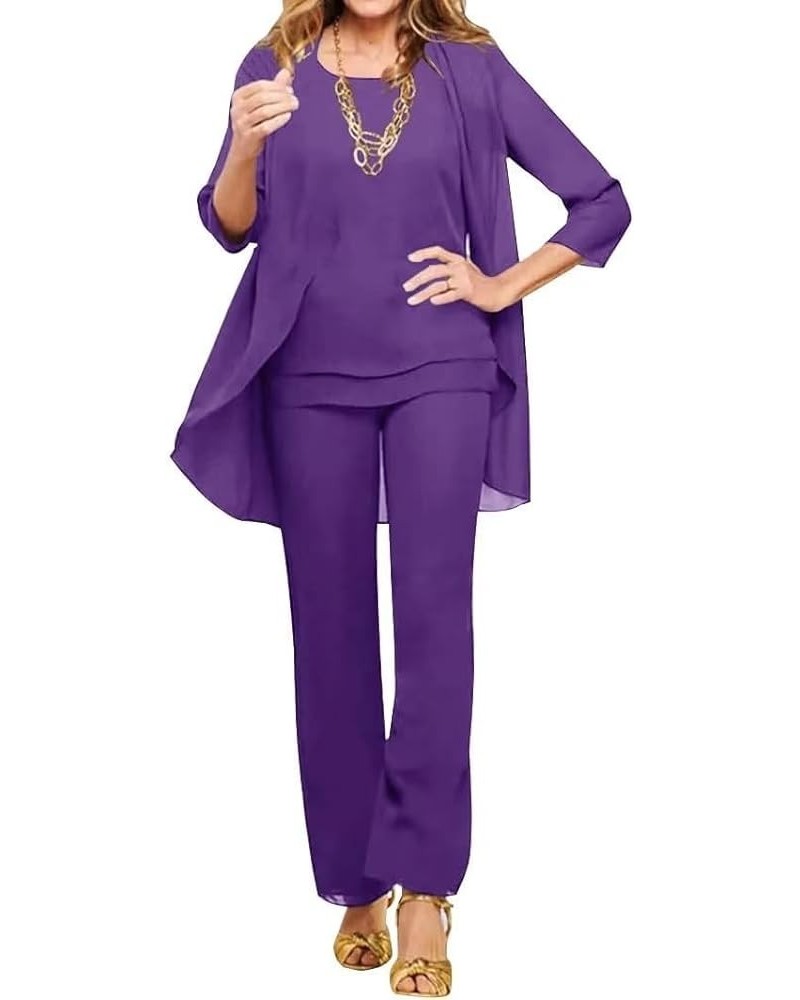 3 Pieces Mother of The Bride Pant Suits Chiffon Formal Evening Dress for Wedding Guest Outfit Sets MM098 Purple $35.50 Suits