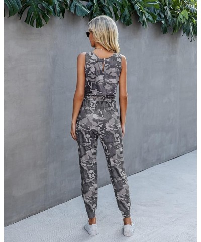 Women's 2024 Summer Jumpsuits Casual Sleeveless Jumpsuit Drawstring Elastic Waist Romper Pajama with Pockets Camouflage Grey ...