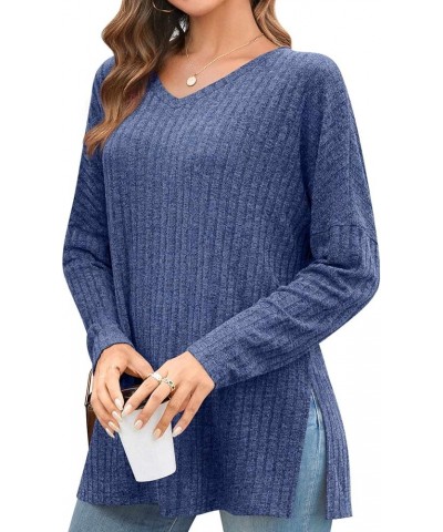 2024 Womens Long Sleeve Tunic Tops Casual Vneck T-Shirts Elastic Loose Blouse Comfy Side Slit V-neck Blue $11.75 Tops