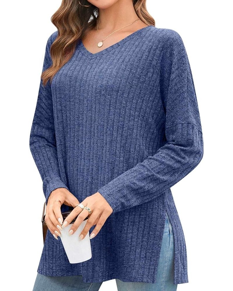 2024 Womens Long Sleeve Tunic Tops Casual Vneck T-Shirts Elastic Loose Blouse Comfy Side Slit V-neck Blue $11.75 Tops