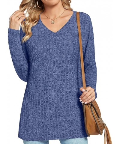 2024 Womens Long Sleeve Tunic Tops Casual Vneck T-Shirts Elastic Loose Blouse Comfy Side Slit V-neck Blue $11.75 Tops