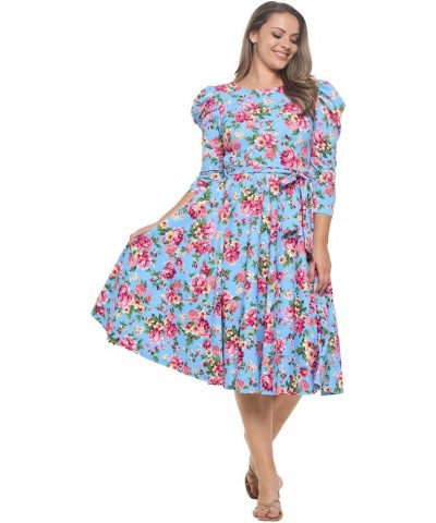 Women's Summer 3/4 Long Sleeve Midi Cocktail Dress Side Pocket and Tie Waist Blue Hot Pink $26.52 Dresses