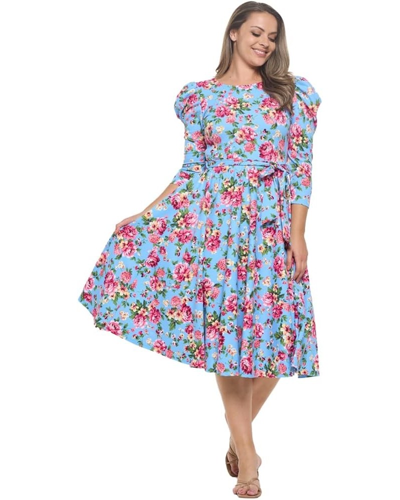 Women's Summer 3/4 Long Sleeve Midi Cocktail Dress Side Pocket and Tie Waist Blue Hot Pink $26.52 Dresses