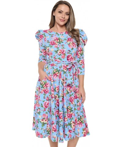 Women's Summer 3/4 Long Sleeve Midi Cocktail Dress Side Pocket and Tie Waist Blue Hot Pink $26.52 Dresses