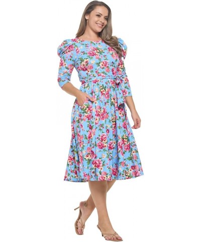 Women's Summer 3/4 Long Sleeve Midi Cocktail Dress Side Pocket and Tie Waist Blue Hot Pink $26.52 Dresses