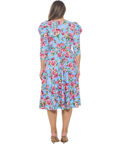 Women's Summer 3/4 Long Sleeve Midi Cocktail Dress Side Pocket and Tie Waist Blue Hot Pink $26.52 Dresses